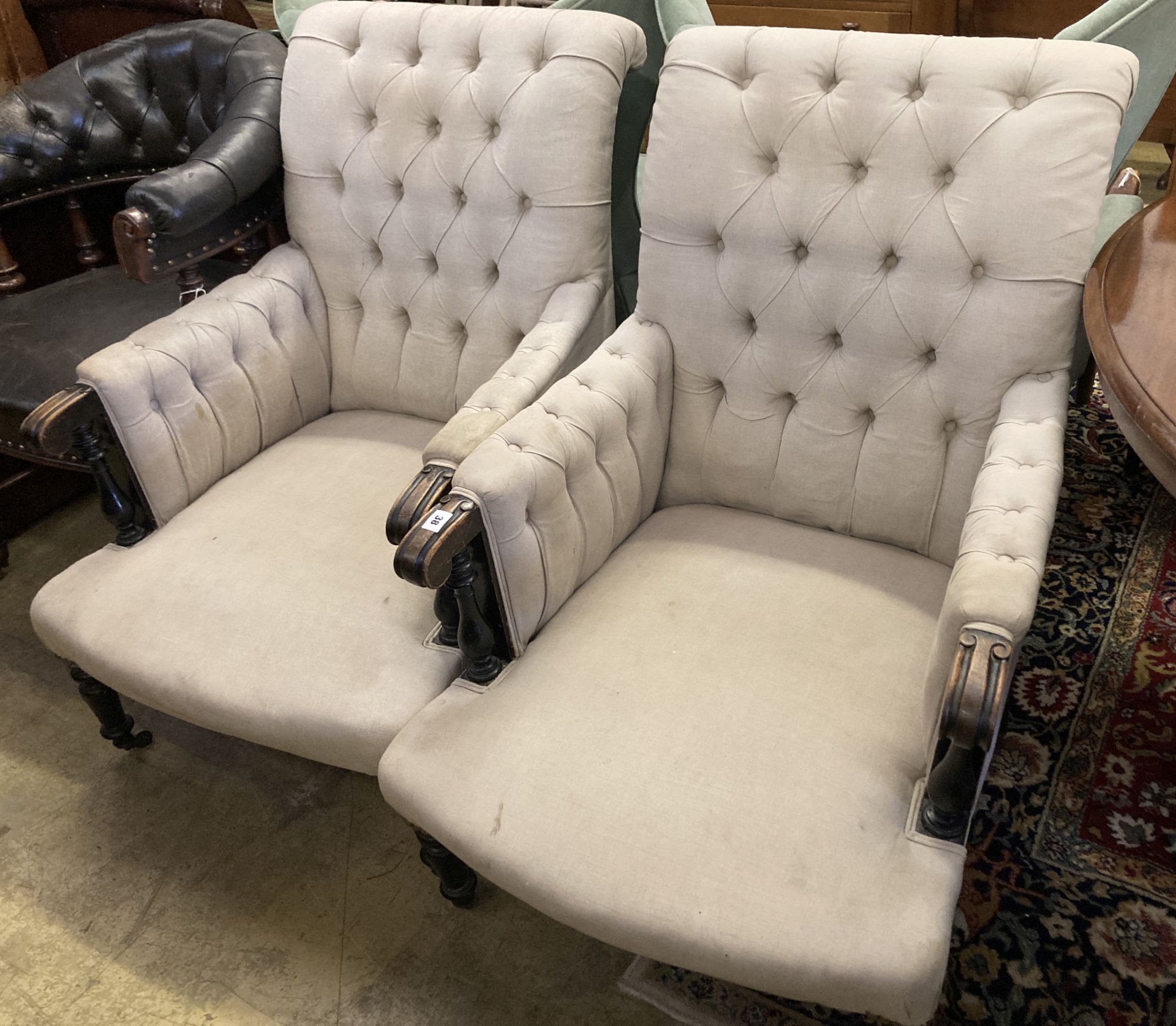 A pair of Victorian upholstered armchairs, width 66cm, depth 90cm, height 100cm